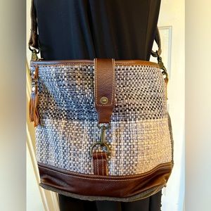 Myra Bag Crossbody Tweed Plaid Gray Blue Brown Leather Accent Tassel 13x13 NWOT